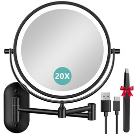 Auxmir 8'' Wall Mounted Lighted Makeup Mirror, 3200mAh Rechargeable Double-Sided 1X/20X Magnifying Mirror with Light, Touch Dimmable 3 Color Light, 360° Rotation Foldable Extended Arm, Black