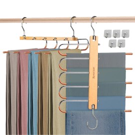 Renexas 2-Pack Pants Hangers Space Saving Scarf Holder Wood Hanger for Closet Organize
