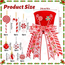 25Pcs Christmas Tree Topper Hat Decorations Set Candy Cane Christmas Tree Topper Red Tree Topper Hat with Red and Green Christmas Bows Christmas Ball Decor for Home Party Christmas Tree Decorations