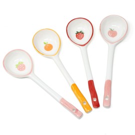 Honbay 4PCS Long Handle Ceramic Soup Spoons Cute Fruit Strawberry Orange Peach Pattern Tablespoons Porcelain Spoon with Hanging Hole for Coffee Fruit Dip Stew Porridge Yogurt Ice Cream Desserts