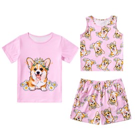 Kinberr Sleepwear for Girls Comfy Dog Print Pajamas Set Kids Nightwear Pjs Set Nighty Pink 3pcs Lounge Sets for Summer