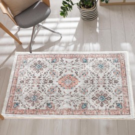 Mcadore 2x3 Area Rugs Washable Boho Rug, Non Slip Carpet for Living Room, Bedroom, Kitchen, Soft Low-Pile Rug, Beige/Floral…