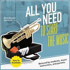 Mendini By Cecilio Bb Standard Trumpet Set for Beginners - Brass Student Trumpet Instrument with Hard Case, 7C Mouthpiece, Valve Oil, Cleaning Cloth, Gloves (Gold)