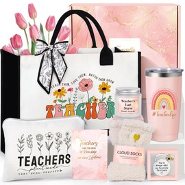 Teacher Appreciation Gifts, Best Teacher Tote Bags for Women, Unique Gifts Ideas from Students - Funny Thank You Basket Box Back to School Gifts, Teacher Christmas Gifts Birthday Gifts Pink