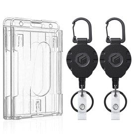 Uniclife 2-Card Thumb-Slot Badge Holder Vertical Clear Plastic Case with Retractable Keychain Badge Reel for up to 226 g Hard Card Protector for IDs Credit Cards Driver’s Licenses and Passes, 2 Pack