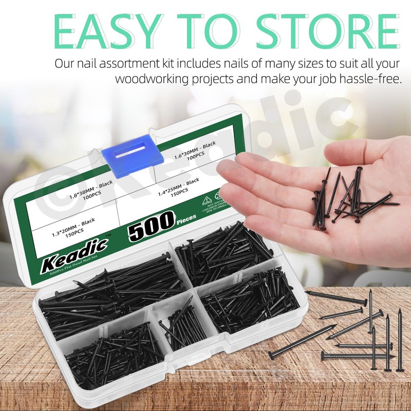 Keadic 500 Pcs Nail Assortment Kit, 4 Sizes, Small Nails,
