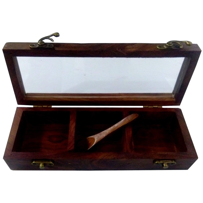 Purpledip Wooden Box: 3 Compartment Case with Transparent Cover -