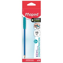 Maped - Kidy Learn Concentration - Box of 10 Ergonomic Graphite Pencils with Relaxing Chew/Bite Tips - HB Lead - Textured Grip