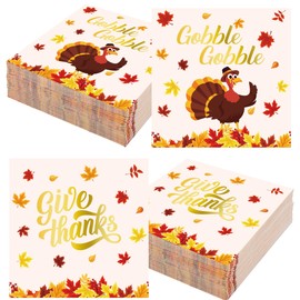 100PCS Thanksgiving Cocktail Napkins 5" x 5" Turkey Maple Leaves Paper Napkins 3-Ply Double Sided Pattern Disposable Beverage Napkin for Thanksgiving Autumn Harvest Party Supplies Dinner Table Decor