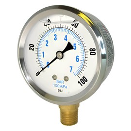 PIC Gauges PRO-201L-254H-GL Bottom Mount Glycerin Filled Industrial Pressure Gauge w/ SS Case, Brass Internals, Glass Lens, 2.5" Dial, 0/300 psi Range, 1/4" Male NPT