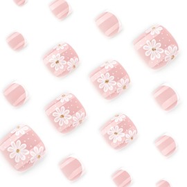 French Tip Press on Toenails White Flower Full Cover Fake Toenails Short Square Summer False Toenails Nude Toe Nails Press ons with Cute Flowers Design Glossy Toenails for Women Girls 24 Pcs