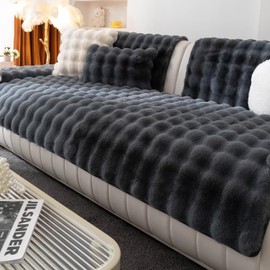 MDSASFD Faux Fur Couch Cover, Soft Warm Plush Sofa Couch Cover, Non Slip Sectional Sofa Slipcovers, Washable Furniture Protector for Kids, Dogs, L Shaped Armrest Backrest Cover(Dark Grey, 36"x 36")