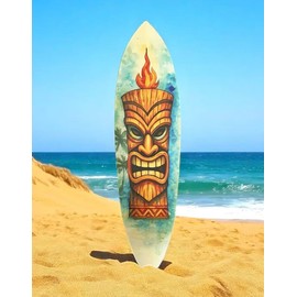 JennyGems Tiki Surfboard Wall Art – Polynesian Tropical PVC Decor, Outdoor Tiki Mask Surfboard Sign for Patio, Beach House, Luau, or Bar Wall Display, 4 Foot