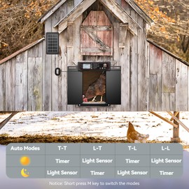 Automatic Chicken Coop Door with Horizontal Dual Opening, Remote & Manual Control, USB Backup, Predator-Proof Larger Opening Size House Door Solar Powered for Chicken, Duck and Poultry, Black