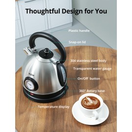 Retro Electric Water Kettle 1.8L Stainless Steel for Boiling Water with Temperature Gauge, Visible Water Level Line, Led Light, Auto Shut-Off & Boil-Dry Protection, 1500W Fast Heating