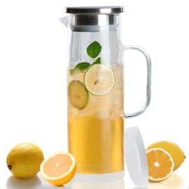 hjn Glass Pitcher with Lid Glass Water Carafe with Handle, Fridge Water Jug Cold or Hot Beverages, Iced Tea, Milk, Juice 1500ml/51oz & aluminum lid