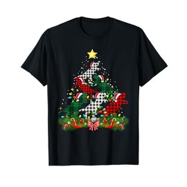 Dinosaur Santa Hat Christmas Tree Buffalo Plaid Red Green T-Shirt