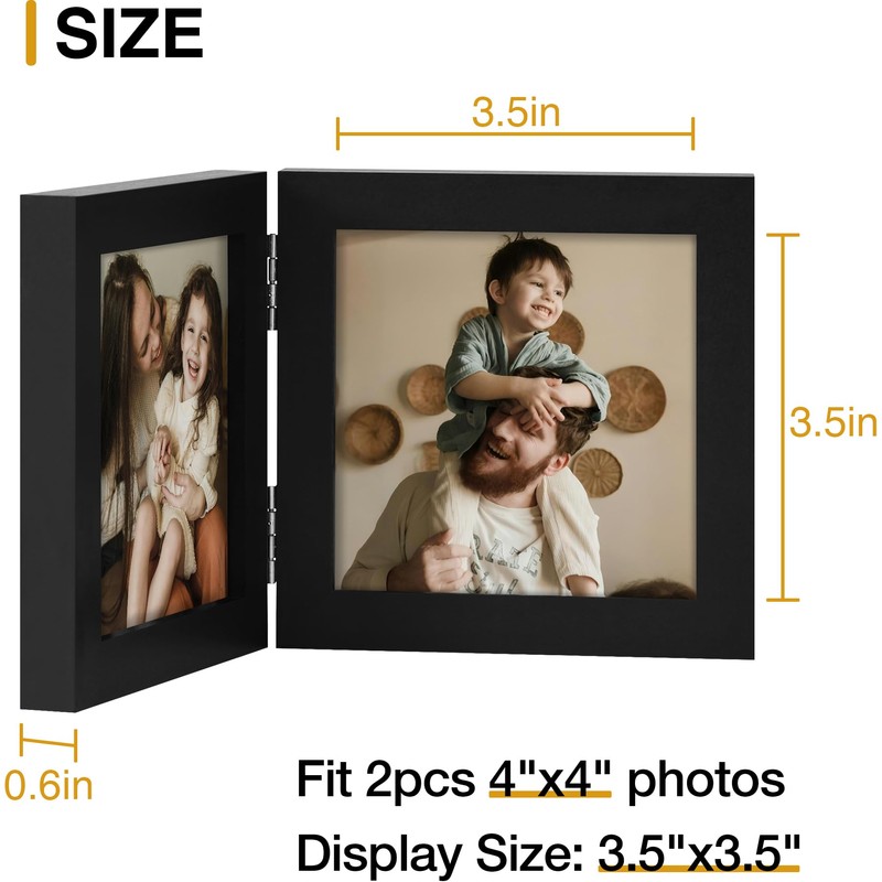 decorUhome Double 4x4 Picture Frame Vertical, Engineered Wood Bifold Photo