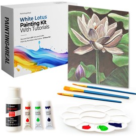 Painting4Real DIY Painting Class Kit for Adults with Video Tutorials: Learn to Paint White Lotus – How to Paint with Acrylics – Painting & Art Supplies – 9 Piece Acrylic Paint Set