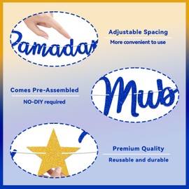 Ramadan Mubarak Banner - Ramadan Mubarak Decorations, Eid Mubarak Banner, Mubarak Home Mantel Fireplace Hanging Banner Blue Glitter