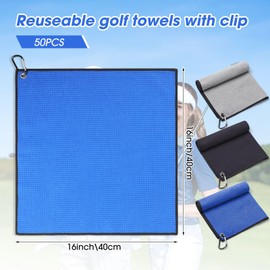 Batiyeer 50 Pcs Golf Towels Bulk for Bags 16'' x 16'' Microfiber Waffle Pattern Golf Towel with Clipfor Mini Tournament, Club, Yoga, Fitness (Black,Gray,Blue)