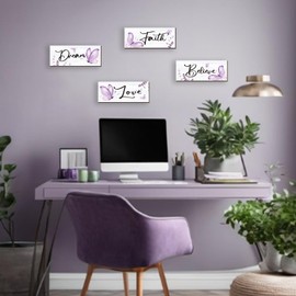 DONFENTHY 4 Pcs Butterfly Wall Decor Purple Bathroom Decor Wooden Positive Butterfly Decor with Butterfly Inspirational Word Dream Sign for Women Room Bedroom Office Decor(Purple,10x4 Inch)