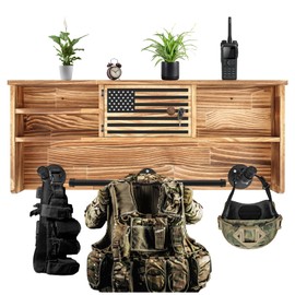 DoubleFill Police Gear Rack Police Vest Wall Mounted Hanger USA Flag Tactical Gear Stand with Gun Storage Plate Carrier Law Enforcement Organizer Accessories for Men Veteran Gift(Wood Color,Lockers)