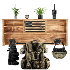 DoubleFill Police Gear Rack Police Vest Wall Mounted Hanger USA Flag Tactical Gear Stand with Gun Storage Plate Carrier Law Enforcement Organizer Accessories for Men Veteran Gift(Wood Color,Lockers)