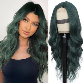BEAUTIFA Dark Green Wig for Women, Long Green Wavy Wig Middle Part 26 Inch Heat Resistant Synthetic Wigs for Daily Party Use