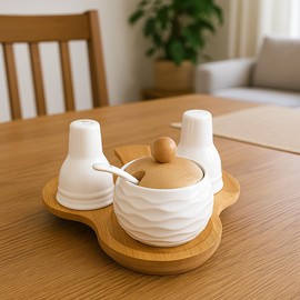 Ceramic Condiment Set with Bamboo Base – Salt and Pepper Shakers with Sugar Jar, Spoon & Wooden Lid – Kitchen & Dining Table Organizer JR5002