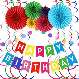 Happy Birthday Banner, Rainbow Happy Birthday Party Decorations with 6 Colorful Circle Parper Garland Paper Fans,8 Hanging Swirl Streamers,1 Circle Dots Hanging Decorations