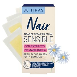 Nair Tiras de Cera Fría Facial Sensible 36 piezas. Marca Probada por Dermatólogos con Extracto de Manzanilla, Piel Suave y Tersa hasta por 4 Semanas