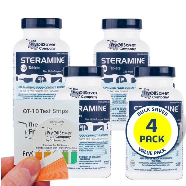4 x Steramine Quaternary Sanitizing Tablets, Sanitizing Food Contact Surfaces, By The FryOilSaver Co, Includes 1 x Test Kit of 15 x QT-10 Test strips