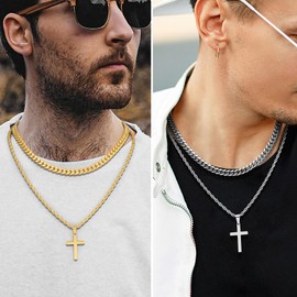 Romass 4Pcs Cross Necklace for Men,Stainless Steel Chains for Men Layered Necklaces Silver Gold Black Pendant Jewelry Box Gifts 18-24 Inches(4Pcs 18in/20in, Silver+Gold)