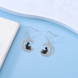 Cat Earrings for Women Sterling Silver Moon Dangle Earrings Filigree Moon and Black Cat Jewelry Gifts Birthday Gifts for Wife (Cat)