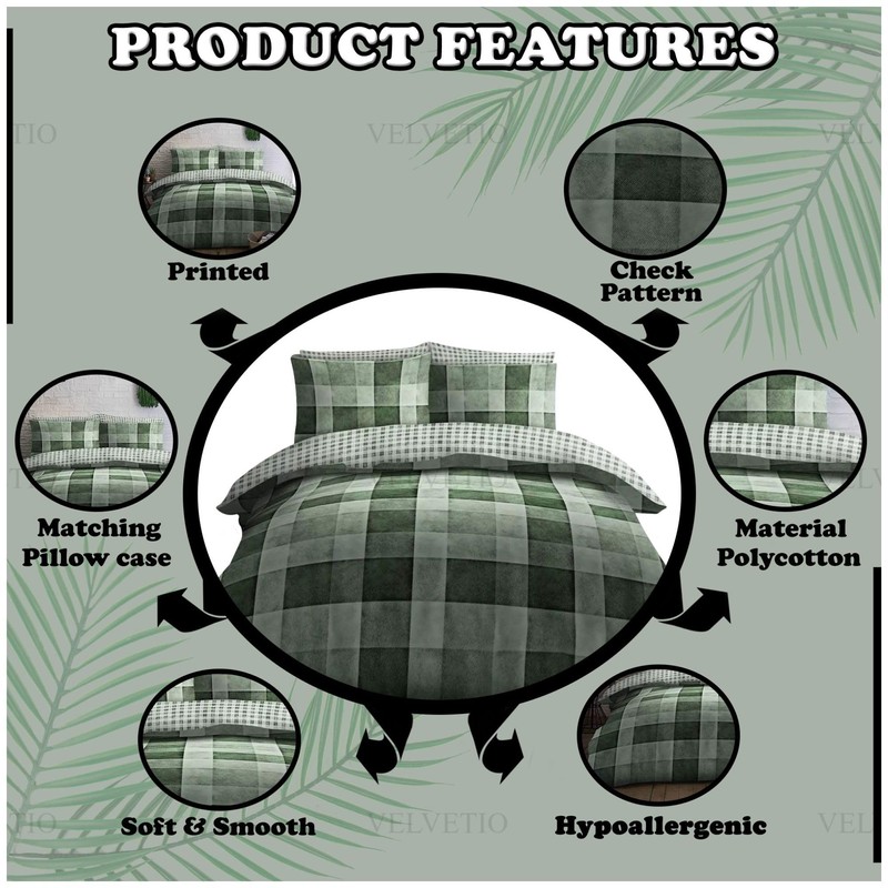 VELVETIO Denim Check Beddings Duvet Cover and Pillowcase, Soft Reversible