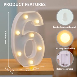 LED Marquee Numbers, 0-9 Light Up Letters, Battery Powered LED Letter Lights for Birthday Party, Christmas Night, Home, Bar, Graduation, Wedding Decoration(6)