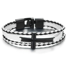 COOLSTEELANDBEYOND Black Sideway Horizontal Lateral Cross Black White Braided Leather Bracelet for Men Women Bangle