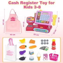 Dreamon Toy Cash Registers for Kids with Scanner, Play Till for Girls Boys Toddler Children 3 4 5 6 Year Old Pretend Mini Shop with Aprons Storage Bags Play Money Birthday