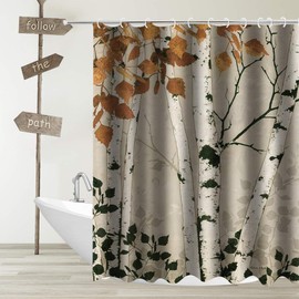 YUYASM Fall Birch Trees Fabric Shower Curtain Watercolor Autumn Forest Nature Scenery Decor Bathroom Bath Curtains with Plastic Hooks 70x70 Inch