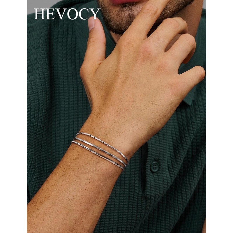 HEVOCY 3-Piece Silver Bracelet Set for Men, Thin Stainless Steel