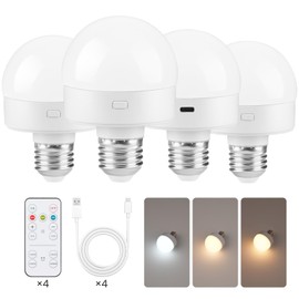 GOEBLESON Rechargeable Light Bulbs with Remote Control 4 Packs, Battery Operated Light Bulbs with Timer & 3 Color Temperature, Dimmable Detachable Wireless LED Bulb for Lamp, Non-Hardwired, W01YBP406