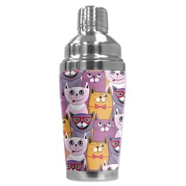 Mugzie 16 Ounce Stainless Steel Cocktail Shaker/Martini Shaker with Wetsuit Cover - Pink, Purple & Orange Cats