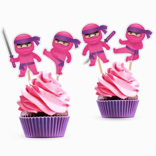 Decoración para cupcakes Ninja para niñas, diseño de ninja rosa, 24 unidades