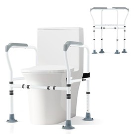 COSTWAY Foldable Toilet Safety Frame, Height & Width Adjustable Toilet Handrail Support Aids with Fixed Strap, Non-Slip Bathroom Toilet Frame Safety Rails Stand for Eldery Handicap Disabled (Grey)