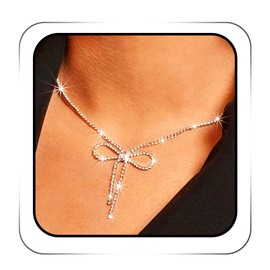 ACEDRE Rhinestone Bow Pendant Necklace Jewelry Silver Crystal Bowknot Choker Necklace Chain Dainty Tennis for Women