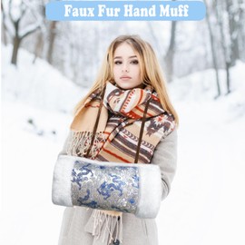 MatFirsmo Faux Fur Hand Muffs for Women, Soft Exquisite Flower Pattern Hand Warmer Pouch with Neck Cord, Warm Hand Muffler for Cold Weather, with Pearl Butterfly Brooch