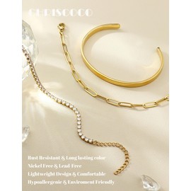 Chriscoco 3 Pieces Women's Gold 14 Carat Gold-Plated Stainless Steel Bracelet Women's Adjustable Bracelets Gold Twist Figaro Snake Bracelet Set Tennis Bracelet Golden Bracelets Jewellery for Women