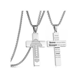 Silver Football Cross Necklace for Men Bible Verse,Religious Faith Christian Scriptures Always Remember Pendant Cross Chain, Baptism 1st First Communion Gifts for Men Graduation Father's day Jewelry