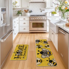 Artoid Mode Beige Bee Home Sweet Home Spring Kitchen Mats Set of 2, Summer Home Decor Low-Profile Kitchen Rugs for Floor - 17x29 and 17x47 Inch